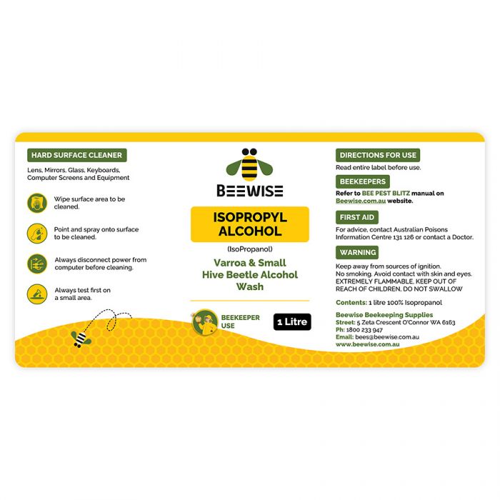 Isopropyl Alcohol (Isopropanol) Varroa Wash & Hard Surface Cleaner / Sterilant 1 litre