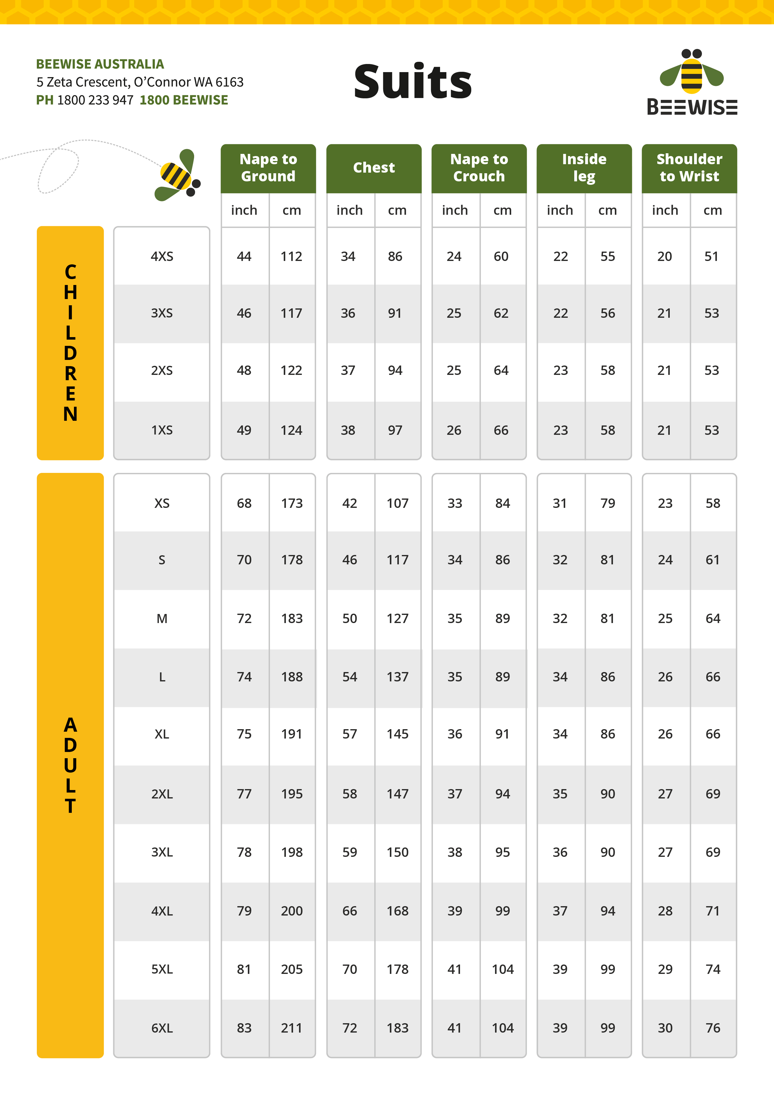 Bee suit size chart